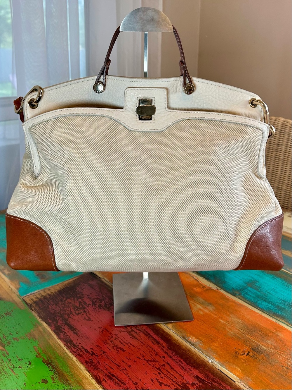 FURLA Piper Cartell Canvas Leather 2-Way Satchel Italy Cream Brown Y2K